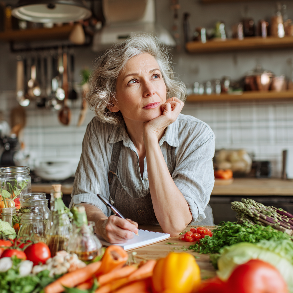 Middle-aged woman planning healthy meals with fresh vegetables and fruits on kitchen counter