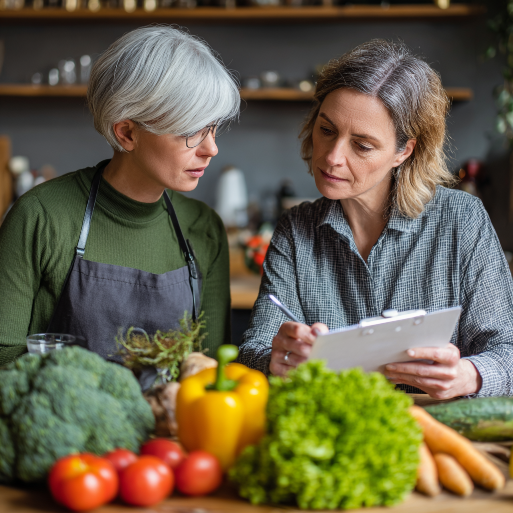 Professional nutritionist consulting with mature adult about healthy eating plan